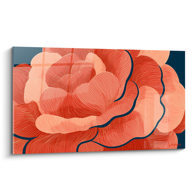 Tableau Camélia corail et bleu marine aux pétales ondulés - Lignes graphiques stylisées - Edition Camélia