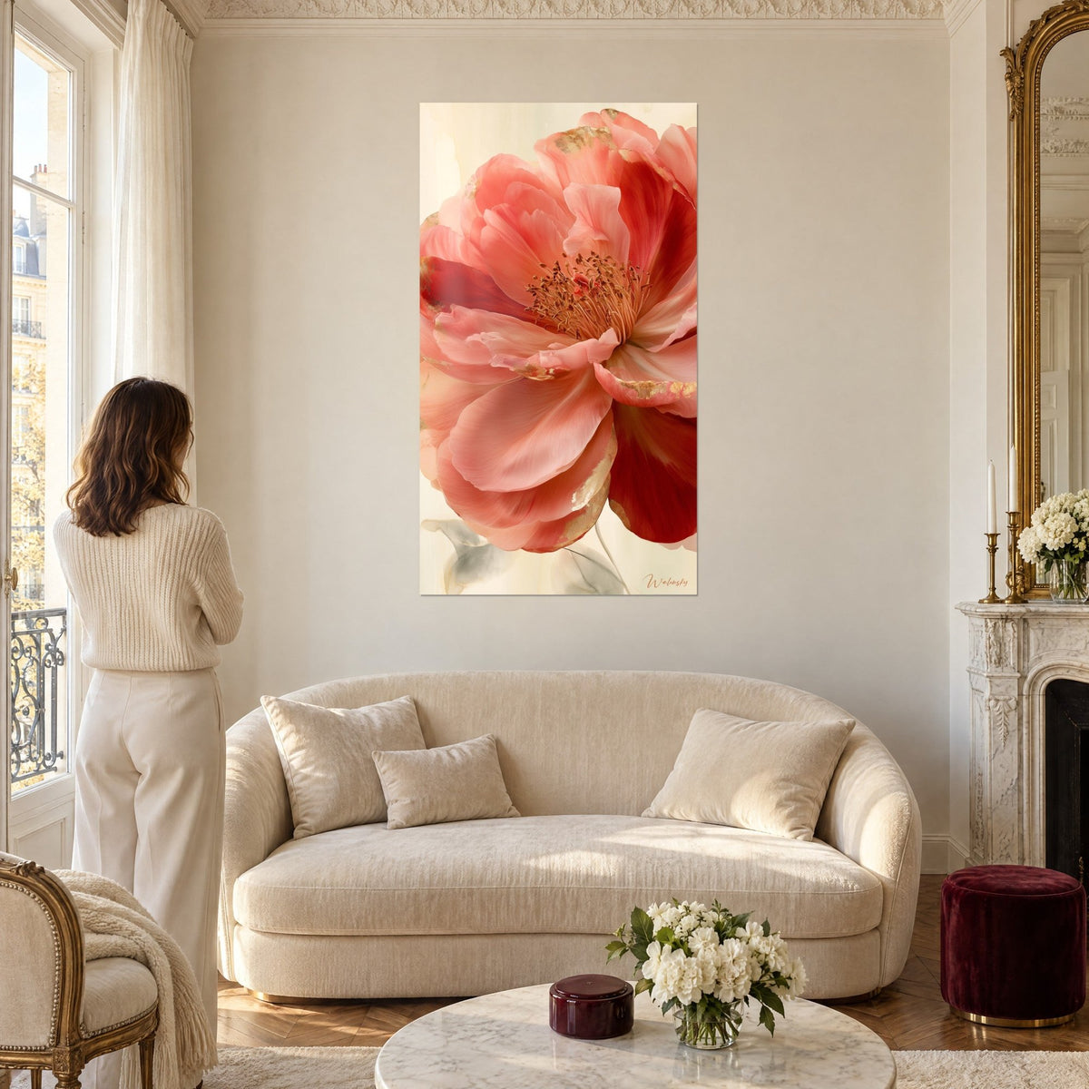 Tableau pivoine corail aux liserés d'or, femme de dos, au-dessus d'un canapé dans un salon lumineux