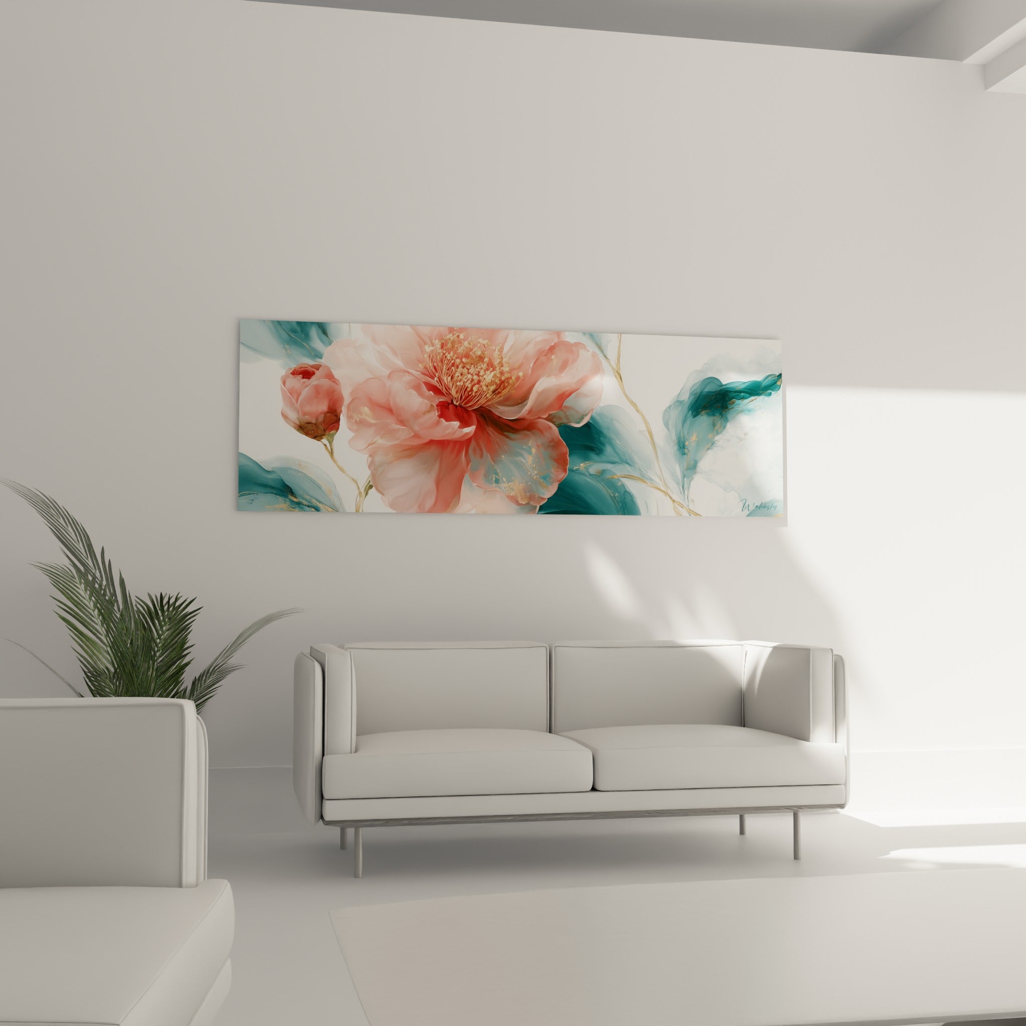 Pétales roses et feuillages bleu canard du camélia en aquarelle, au-dessus d'un canapé dans un salon lumineux