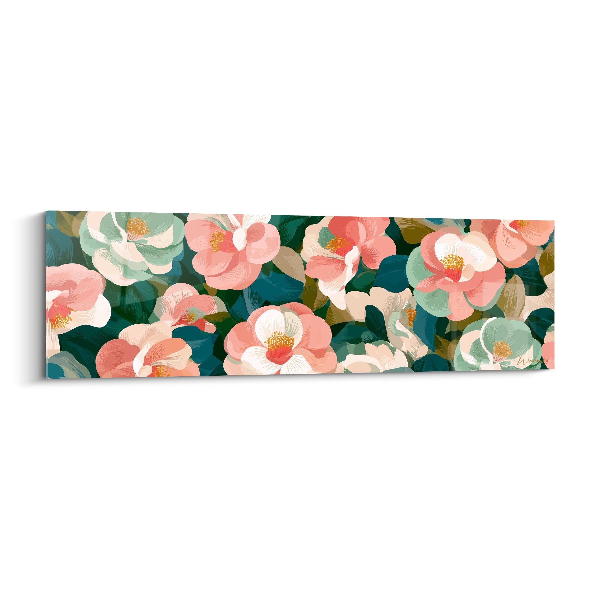 Camélias corail et roses aux cœurs dorés sur fond vert émeraude et bleu pétrole dense