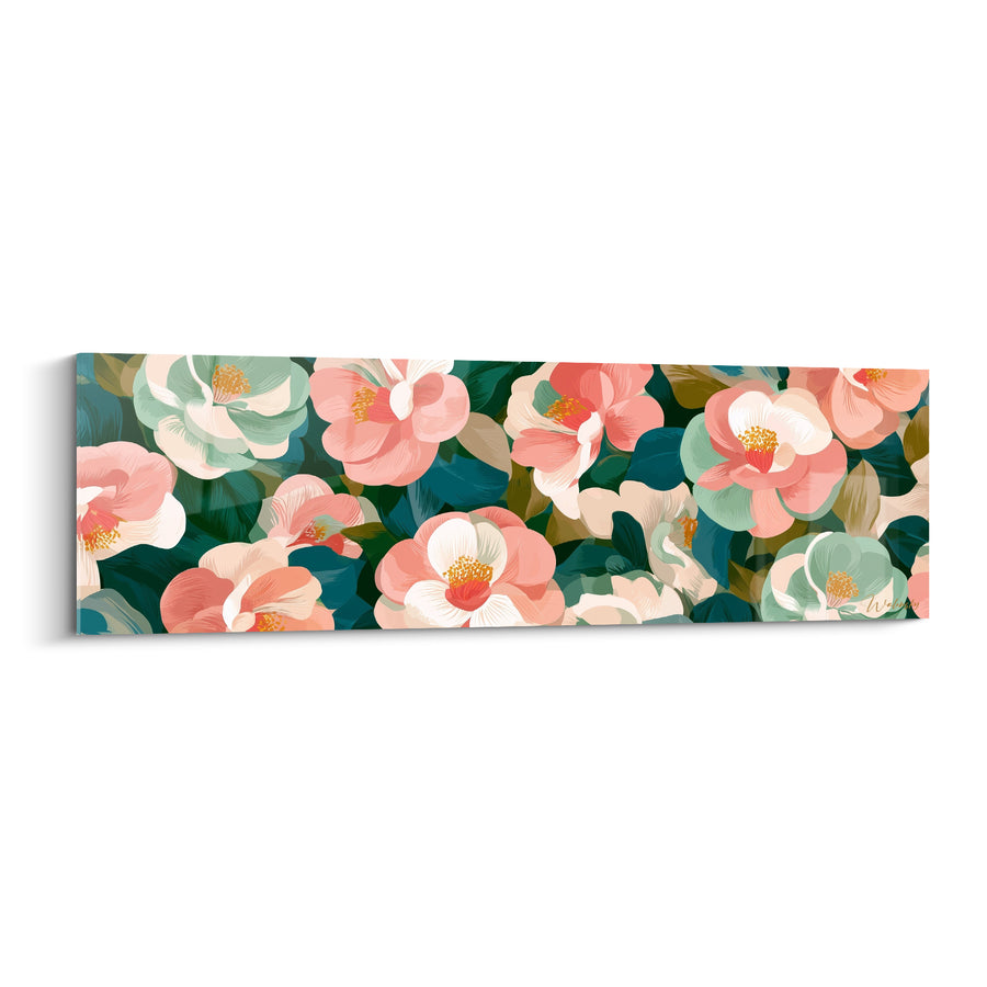 Tableau Camélias corail et menthe en pleine floraison - Étamines dorées vibrantes - Edition Camélia