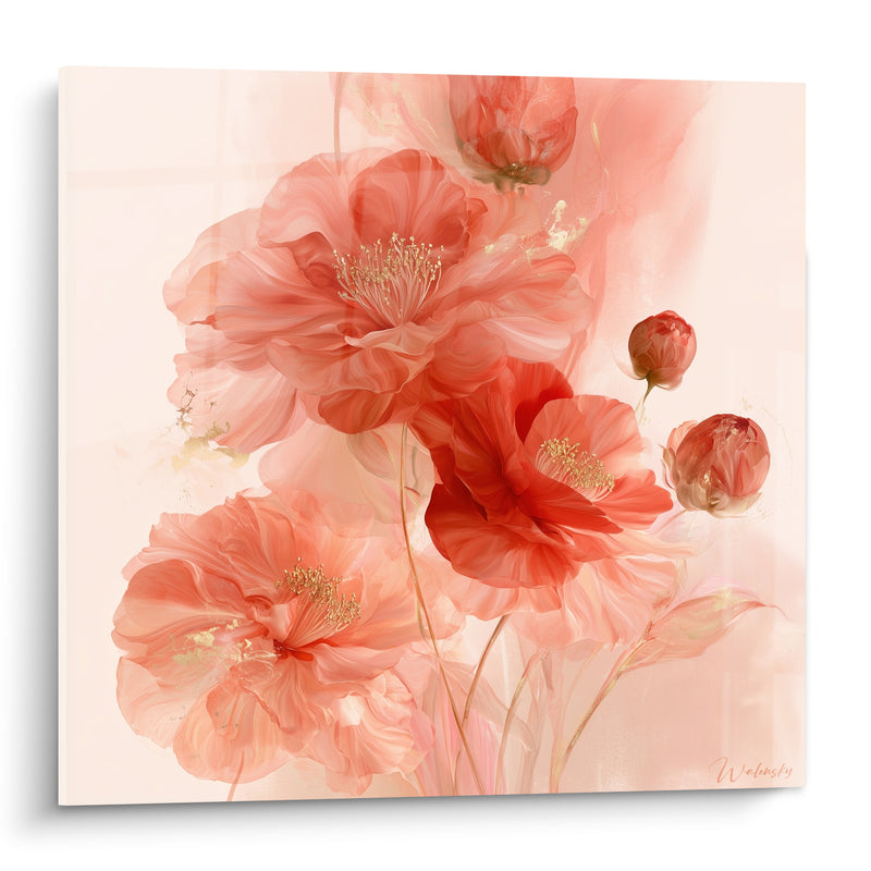 Tableau Camélias corail et rouges aux boutons fermés - Étamines dorées translucides - Edition Camélia