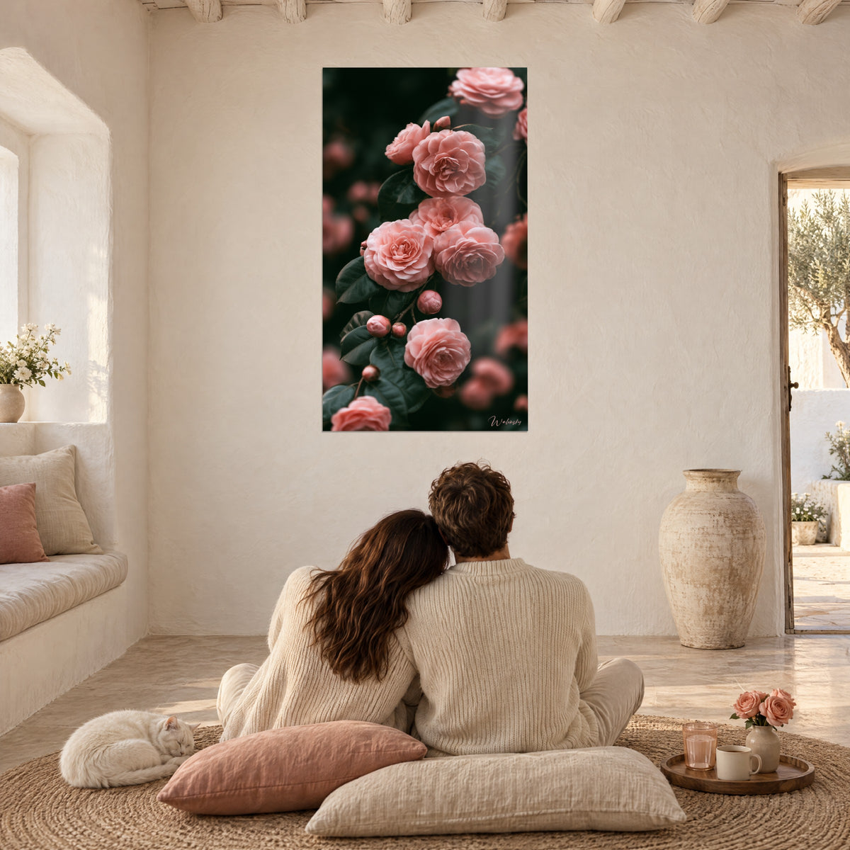 Quadro con cascata di camelie rosa cipria su fogliame verde nero, coppia abbracciata di spalle su cuscini, gatto tranquillo accanto