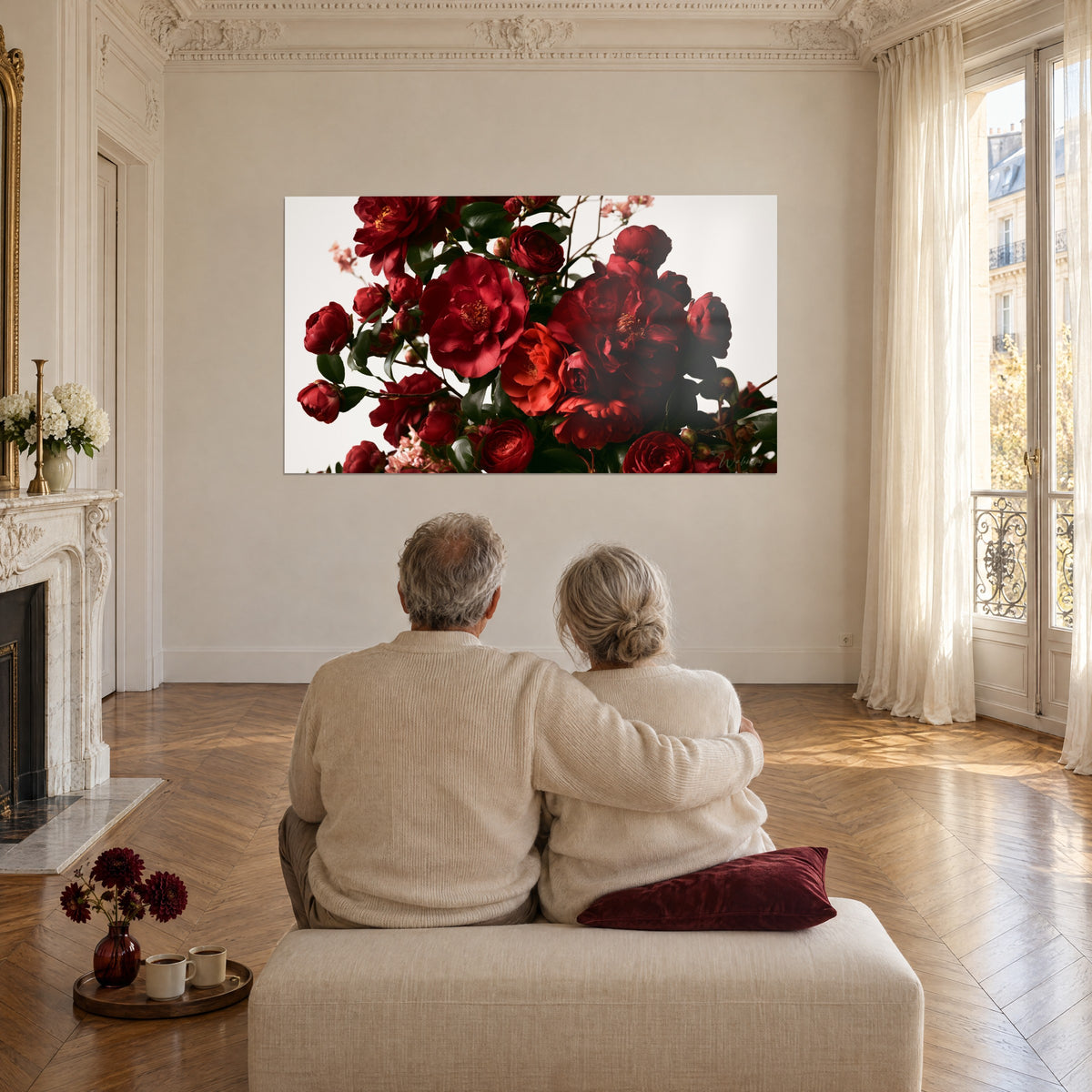 Cuadro camelias rojo sangre y rosa empolvado, follaje verde oscuro, pareja de espaldas sobre un puf, suelo de parqué en espiga en un salón luminoso