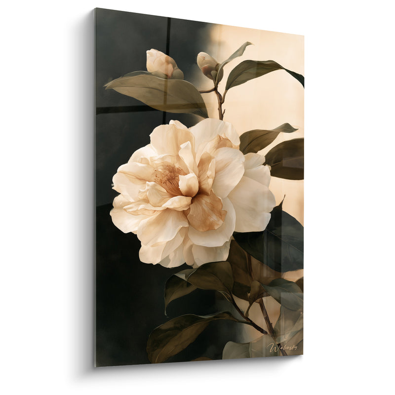 Tableau Camélia crème aux feuilles vert sombre - Lumière du soir - Edition Camélia