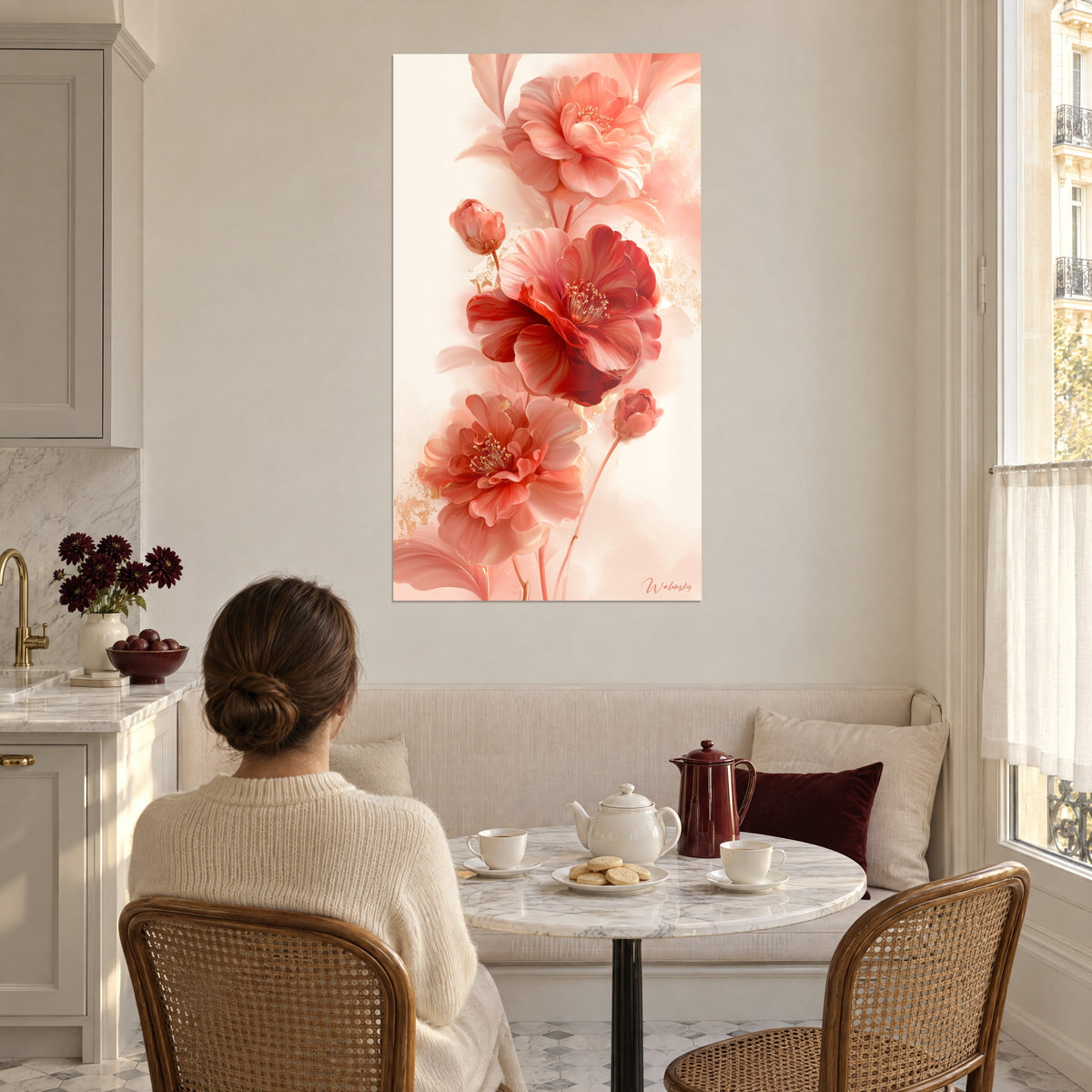 Cuadro de peonías rojas y rosas salpicadas de oro, estambres dorados, frente a una mujer de espaldas sentada tomando su té en la cocina