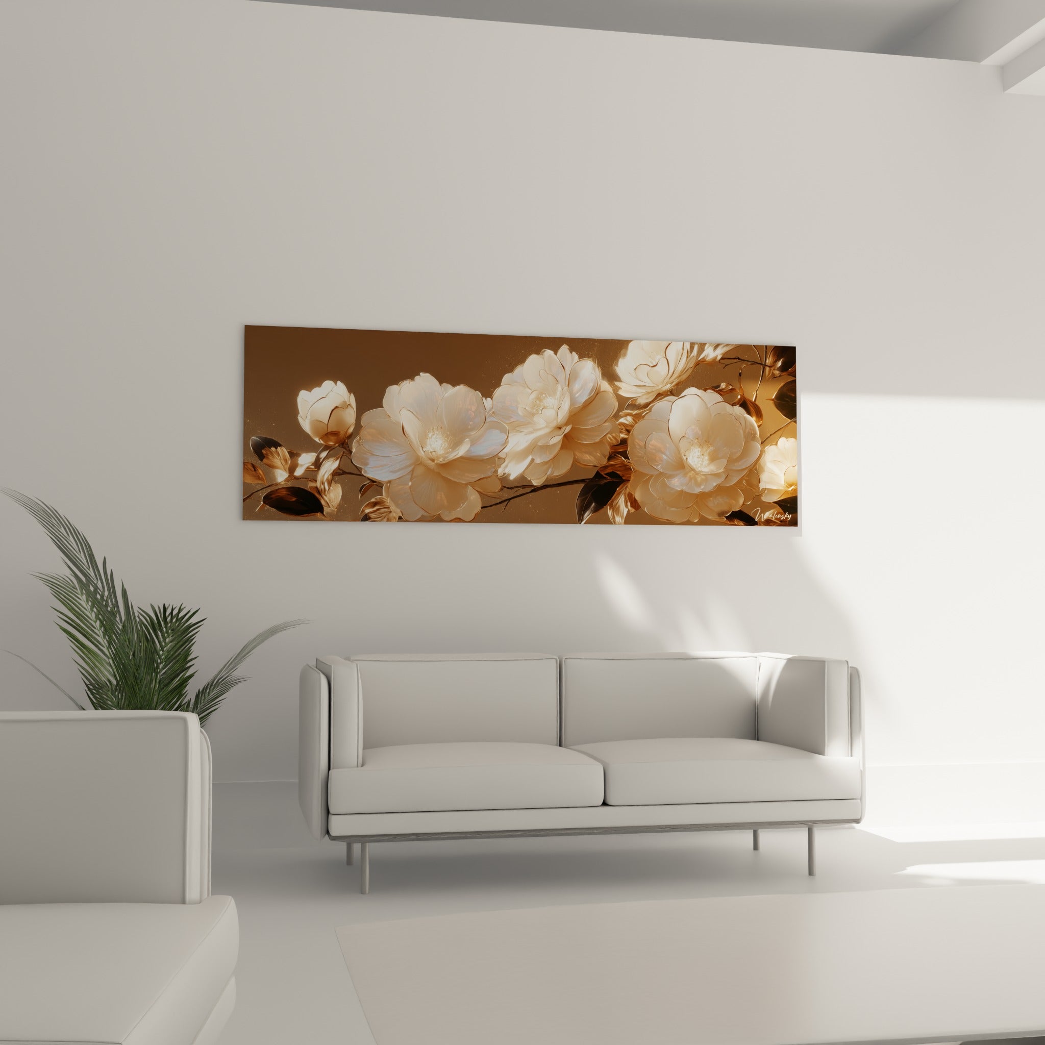 Fleurs de camélia nacrées aux reflets cuivrés, disposées au-dessus d'un canapé dans un salon lumineux