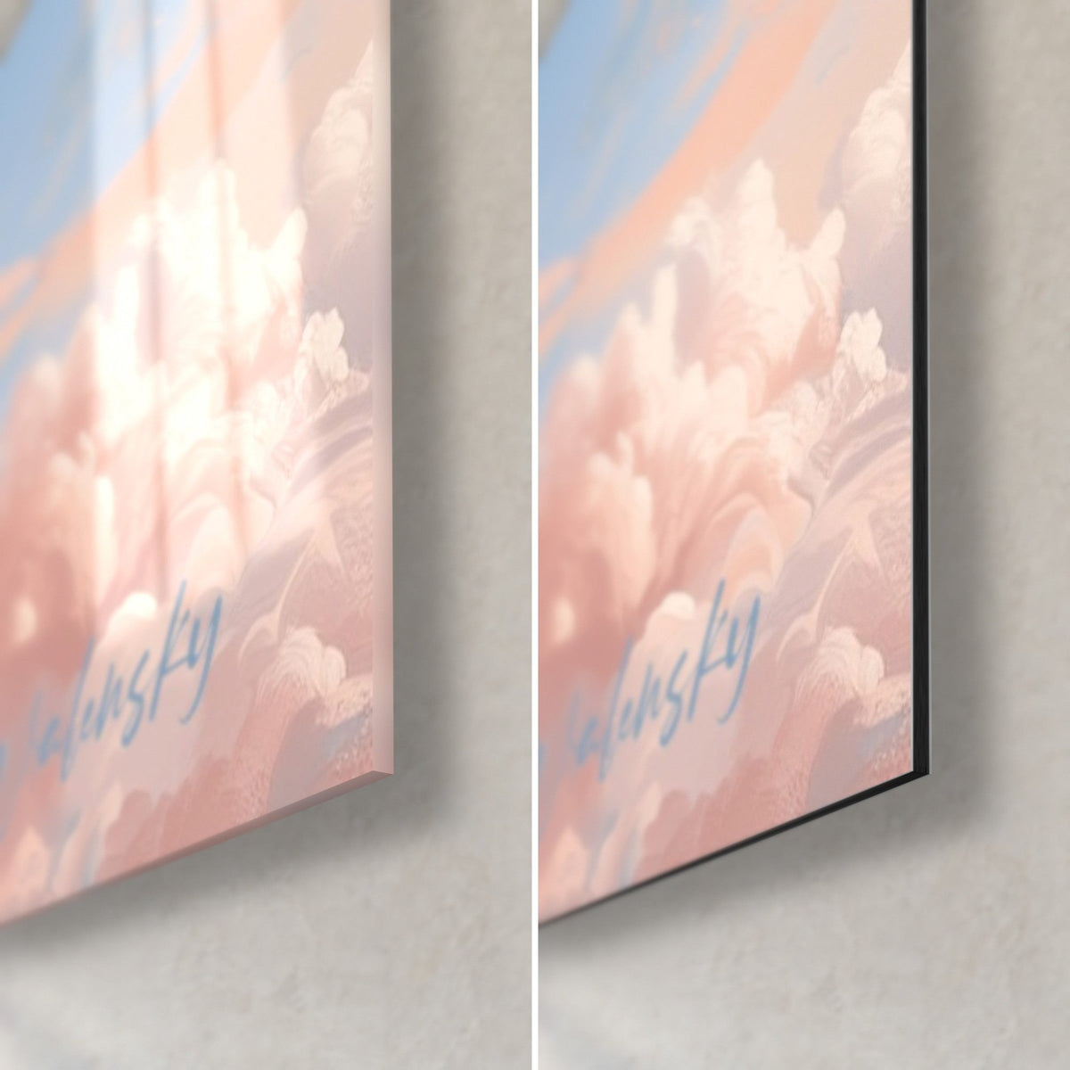 Tableau bouquet de camélias, coin bas droit : nuages rose poudré et bleu, verre brillant à gauche, Dibond mat à droite
