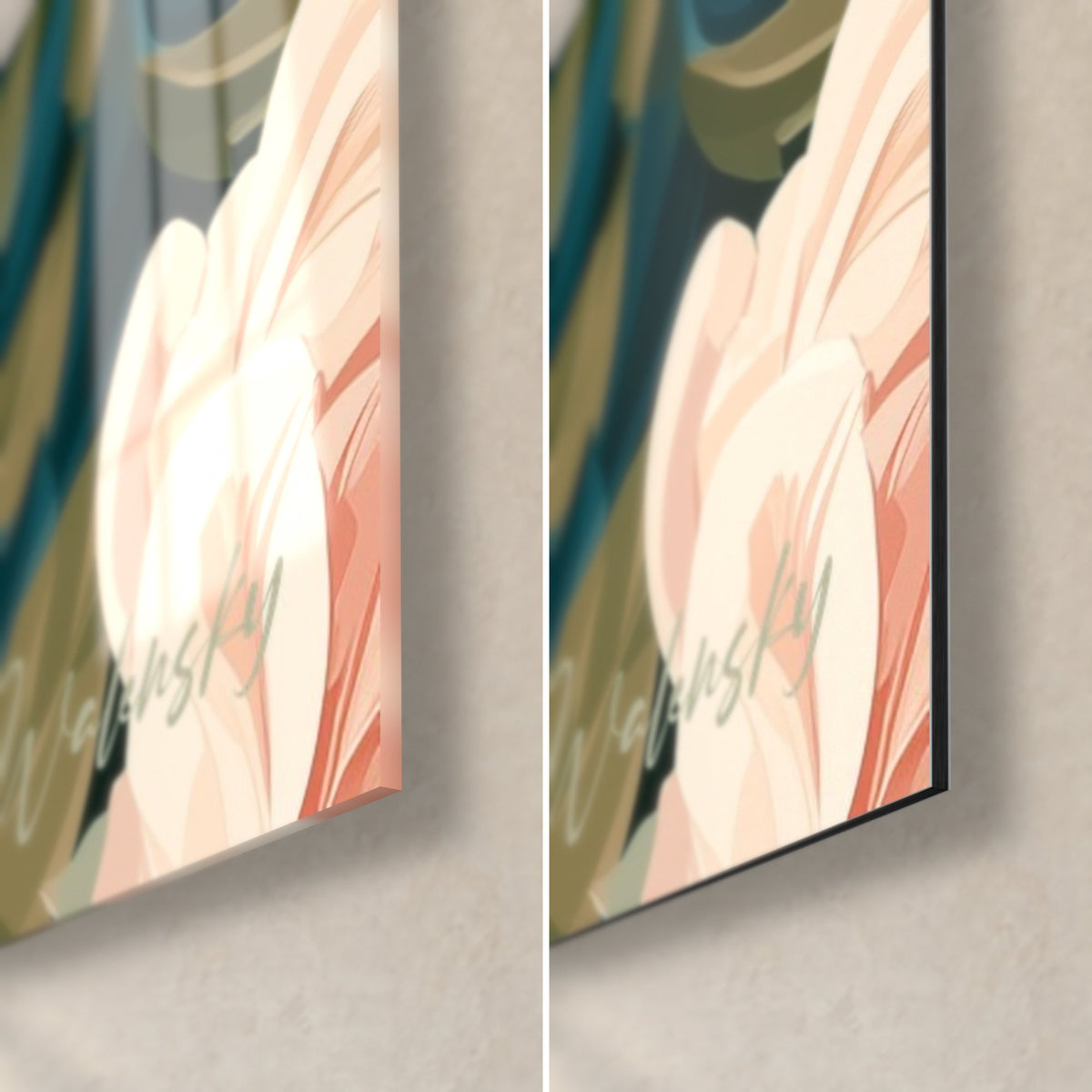 Tableau camélias rose pâle, coin bas droit : verre acrylique brillant à gauche, alu Dibond noir mat à droite, tranche de 3 mm