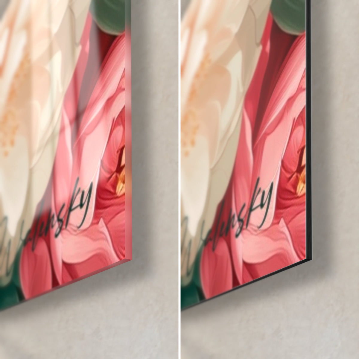Tableau fleurs de camélia rose vif et blanc, coin bas droit en verre acrylique brillant à gauche, alu Dibond mat à droite, tranche de 3 mm