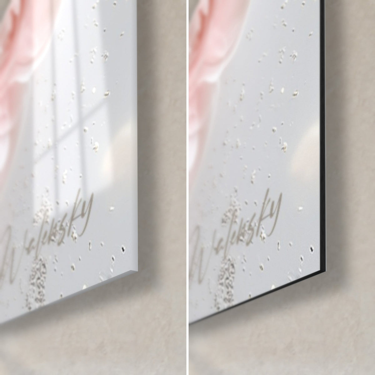 Cuadro camelias nupciales, esquina inferior derecha: cristal acrílico brillante a la izquierda, Dibond negro mate a la derecha, destellos plateados