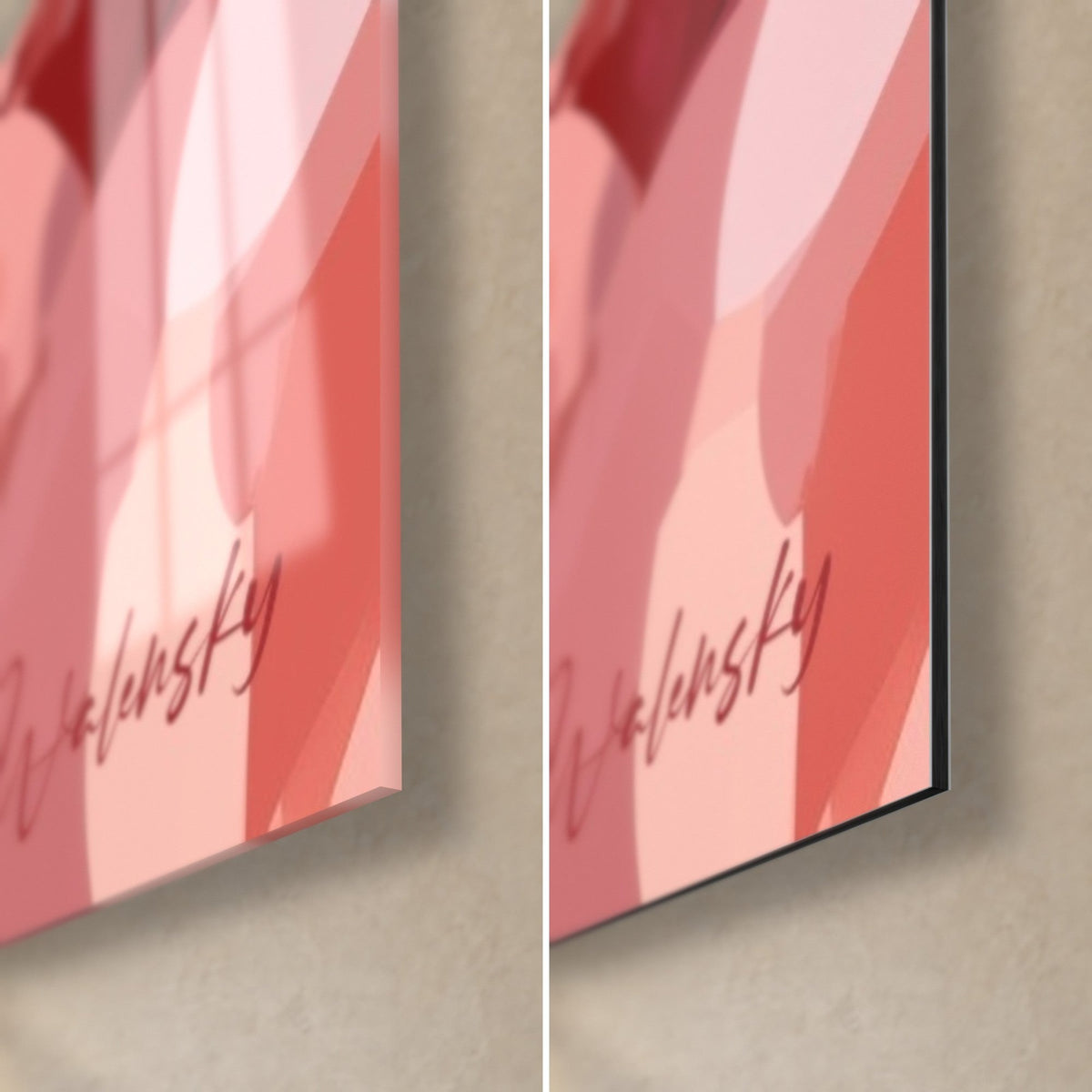 Gemälde schlafende Schönheit mit rosigen Lippen umgeben von Blütenblättern, untere rechte Ecke: Signatur Walensky, glänzendes Glas links, matt Dibond an der rechten Kante