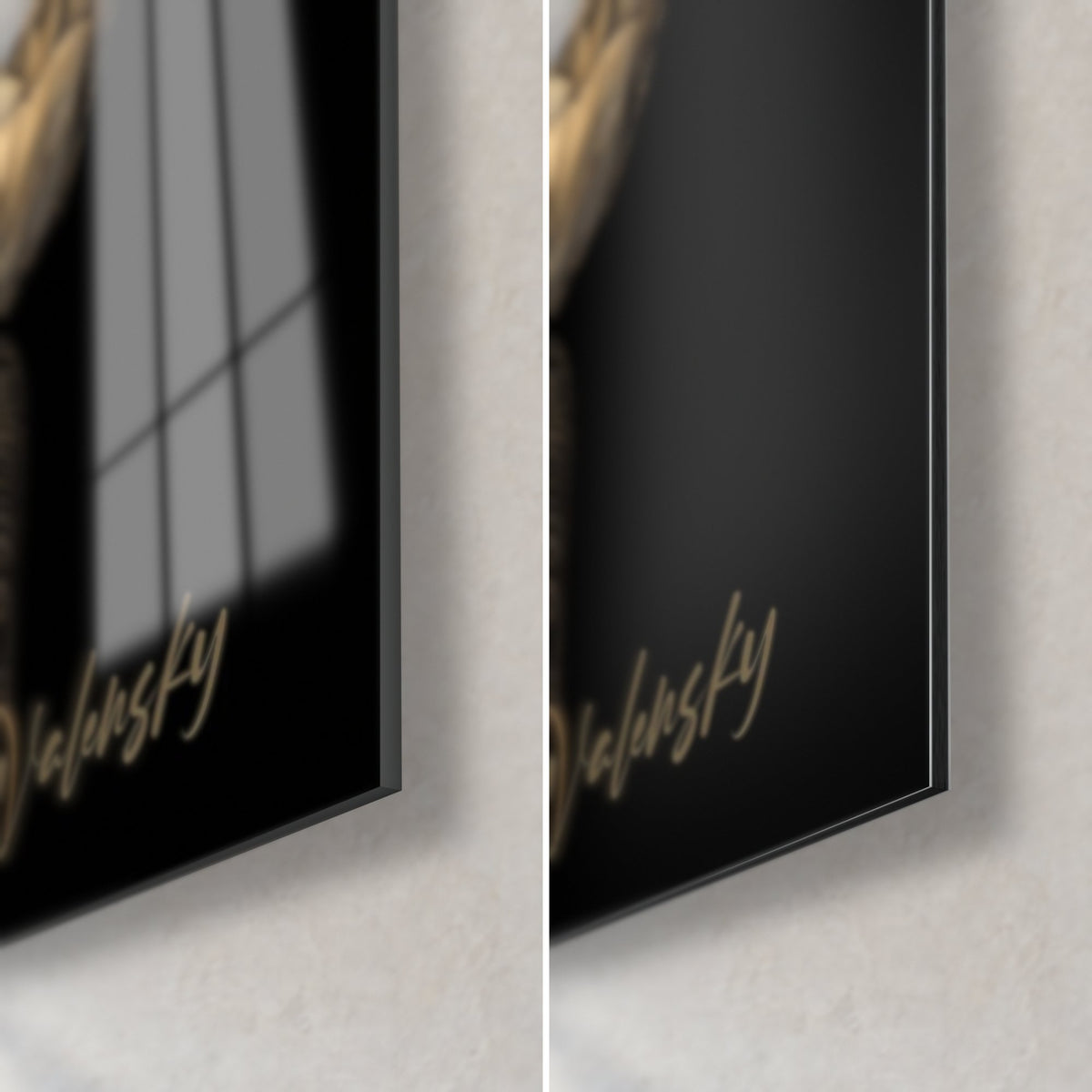 Tableau grappe de camélias or et noir, signature Walensky au coin bas droit, verre brillant à gauche, Dibond mat à droite