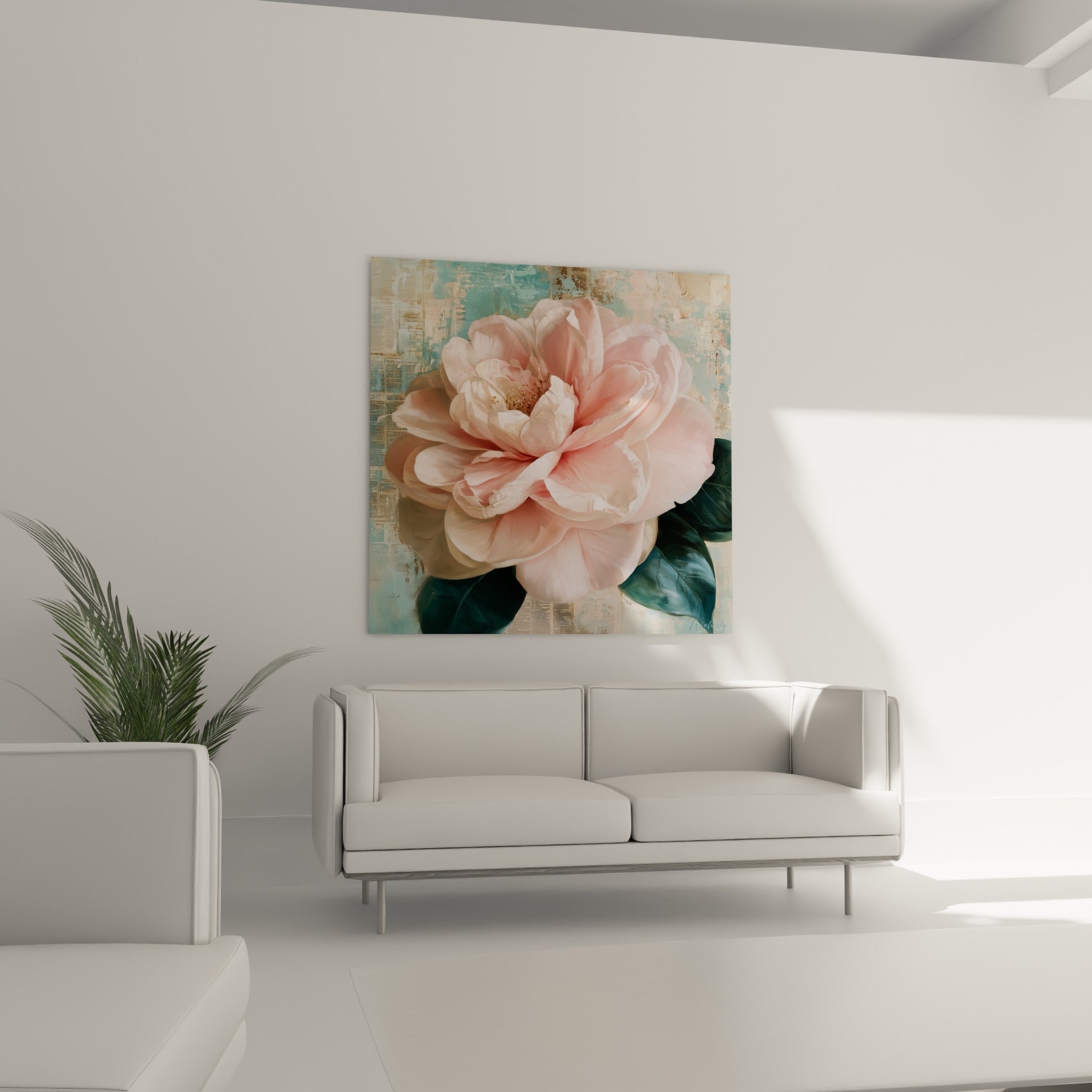 Pétales roses et turquoise du camélia peints au-dessus d'un canapé dans un salon lumineux