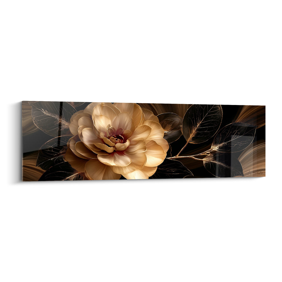 Tableau Camélia doré et noir aux feuilles filigranées - Coeur pourpre profond - Edition Camélia