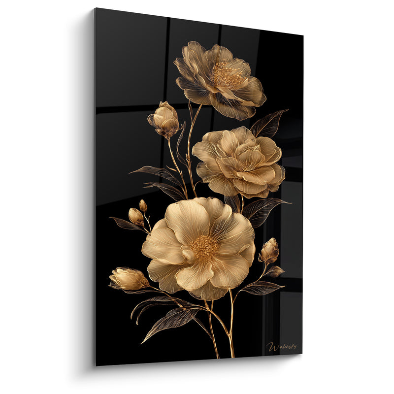 Tableau Camélias dorés et noirs aux boutons fermés - Trio floral gravé - Edition Camélia