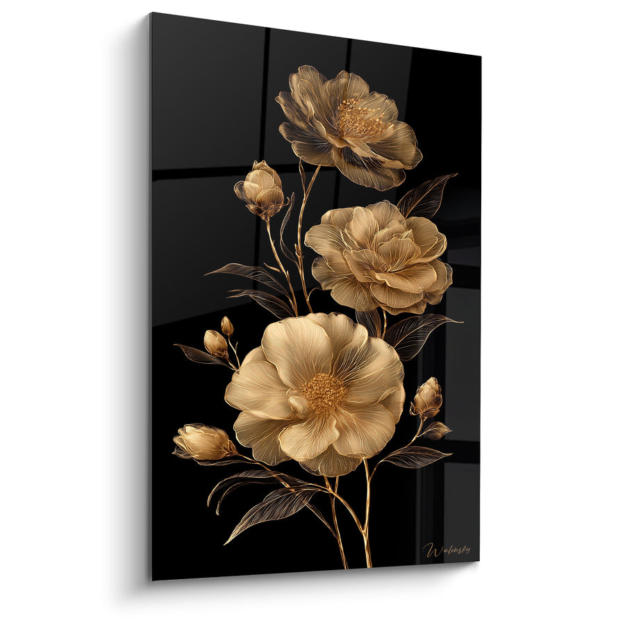 Tableau Camélias dorés et noirs aux boutons fermés - Trio floral gravé - Edition Camélia