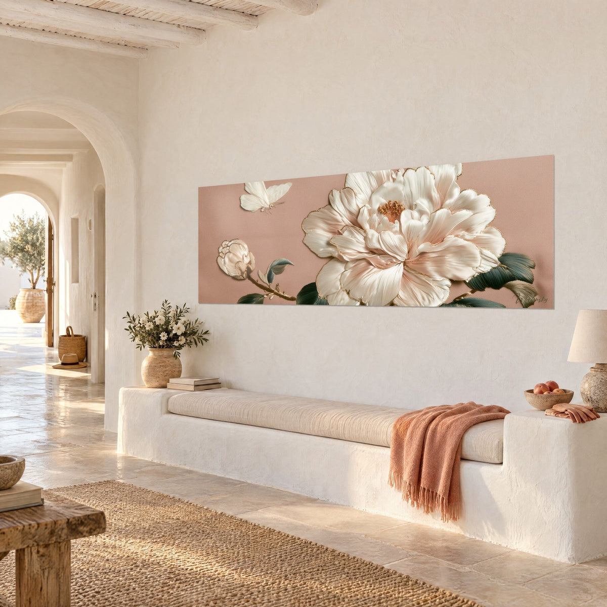 Wall art large pearlescent peony with satin petals, fir green leaves, bud and butterfly on pink, Mediterranean whitewashed wall