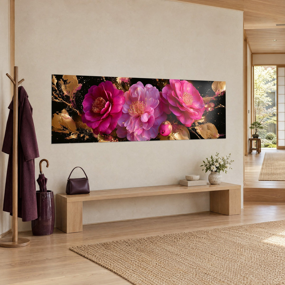 Cuadro flores fucsia y rosa polvo, pétalos aterciopelados con contorno dorado sobre negro nocturno, vista de tres cuartos sobre un banco de madera