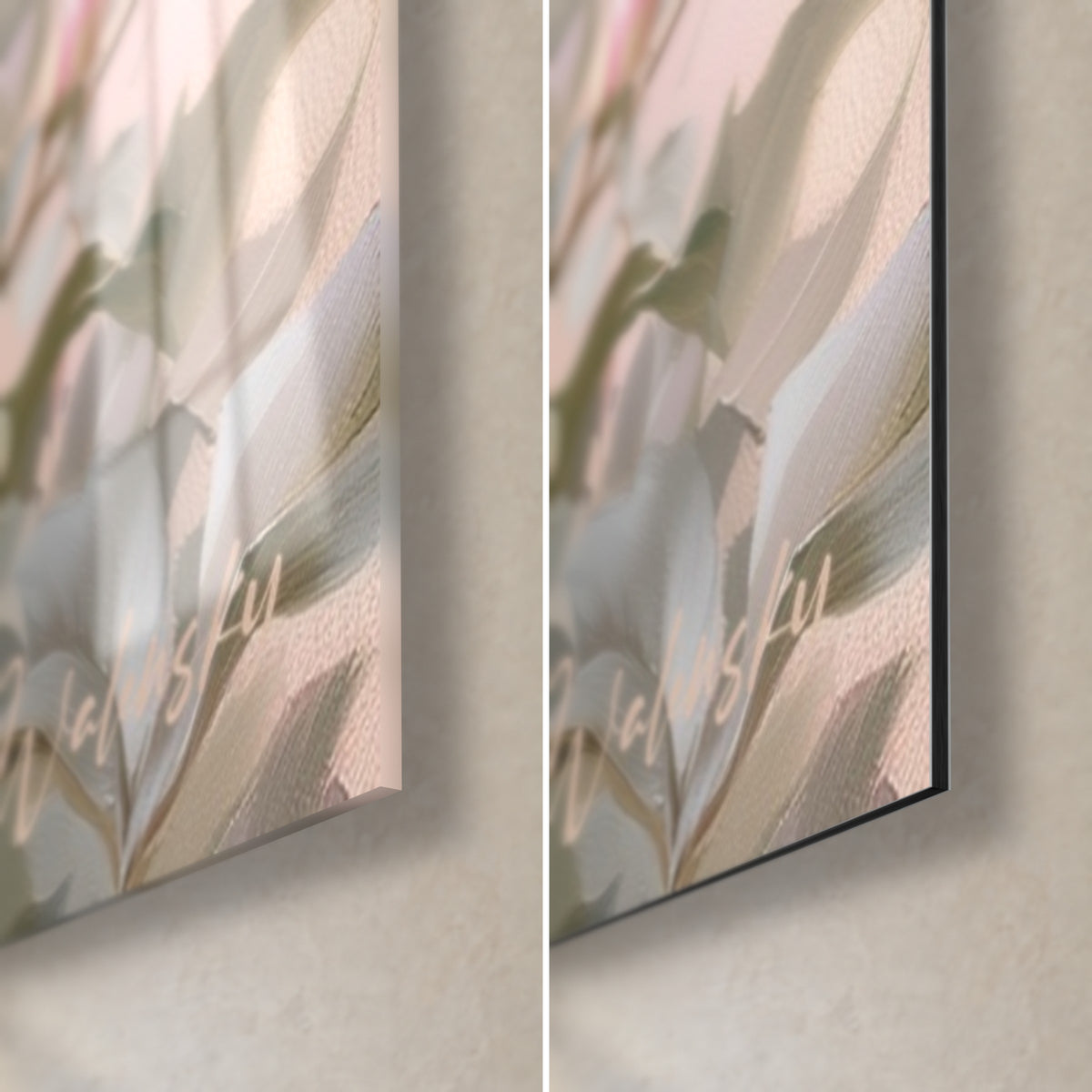 Tableau fleurs pastel peintes, feuilles vert sauge et reflets rosés, coin bas droit en verre brillant et alu Dibond mat