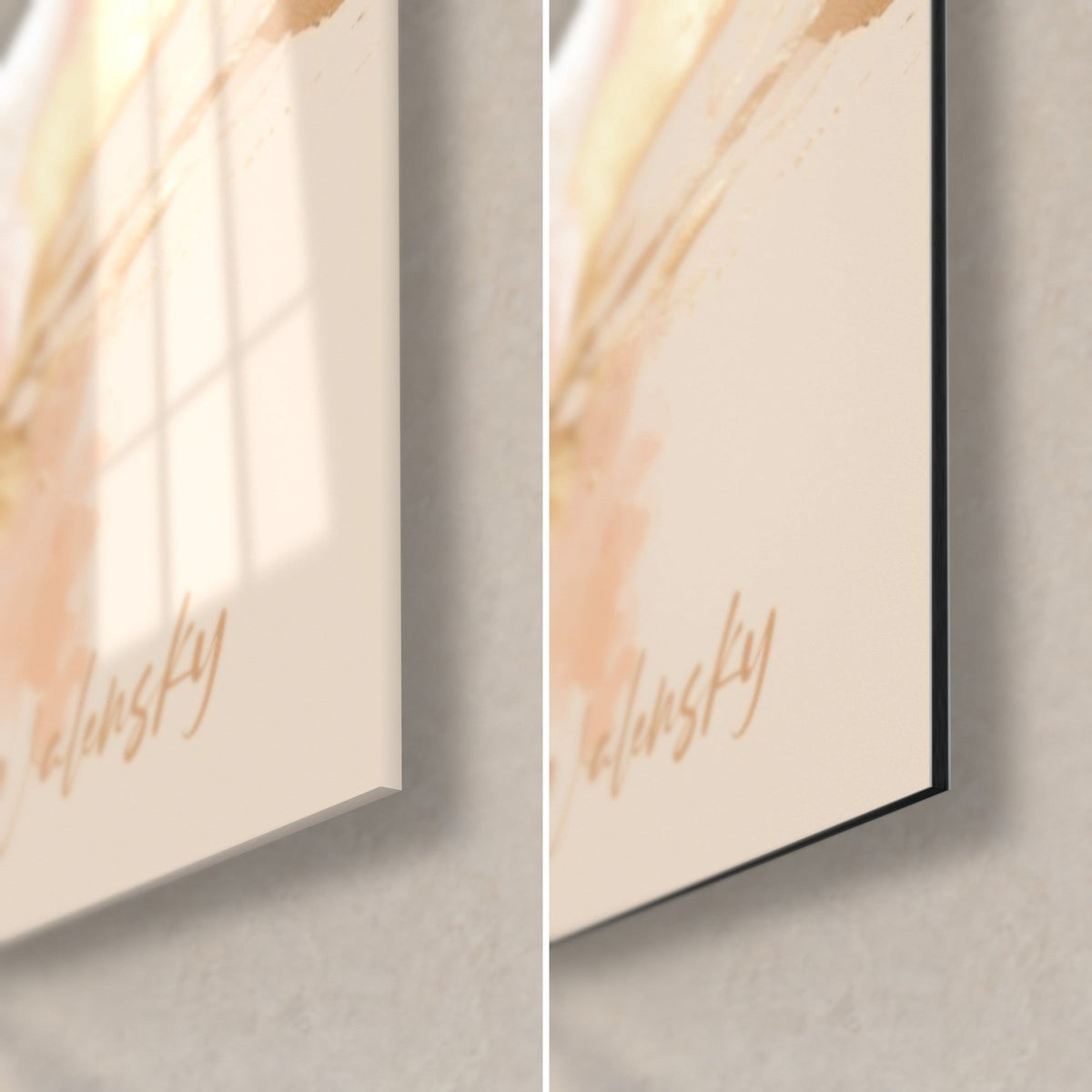 Quadro camelia in rosa e verde petrolio, angolo in basso a destra in vetro lucido e alluminio Dibond nero opaco, spessore 3 mm, firma dorata Walensky