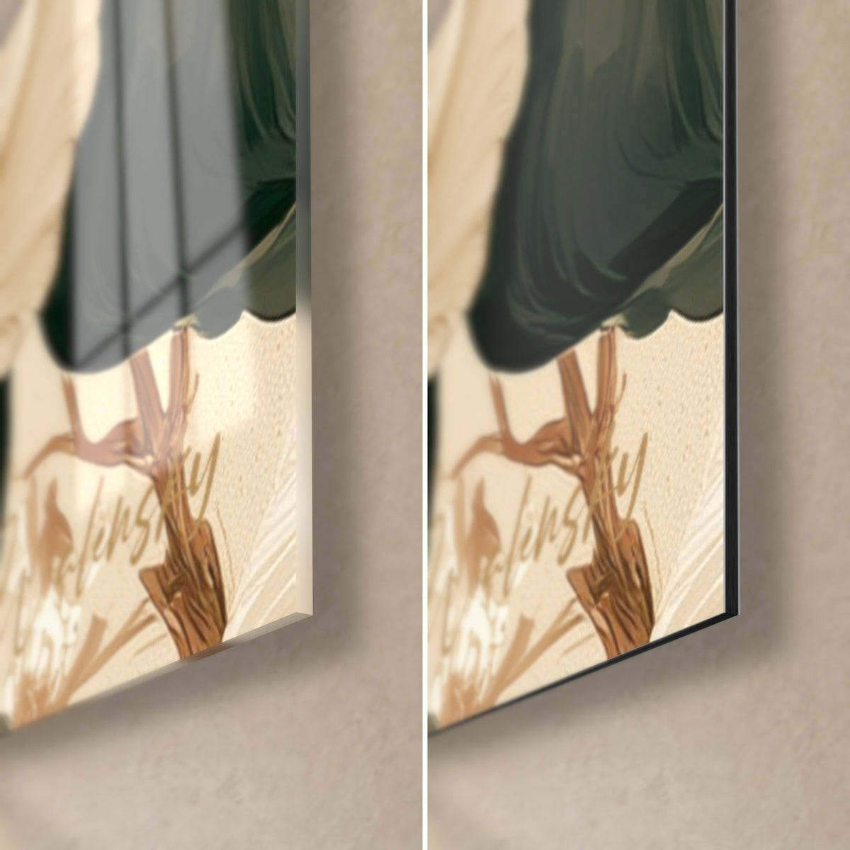 Quadro con peonia avorio e foglia verde scuro, angolo in basso a destra: vetro acrilico lucido a sinistra, Dibond nero opaco a destra
