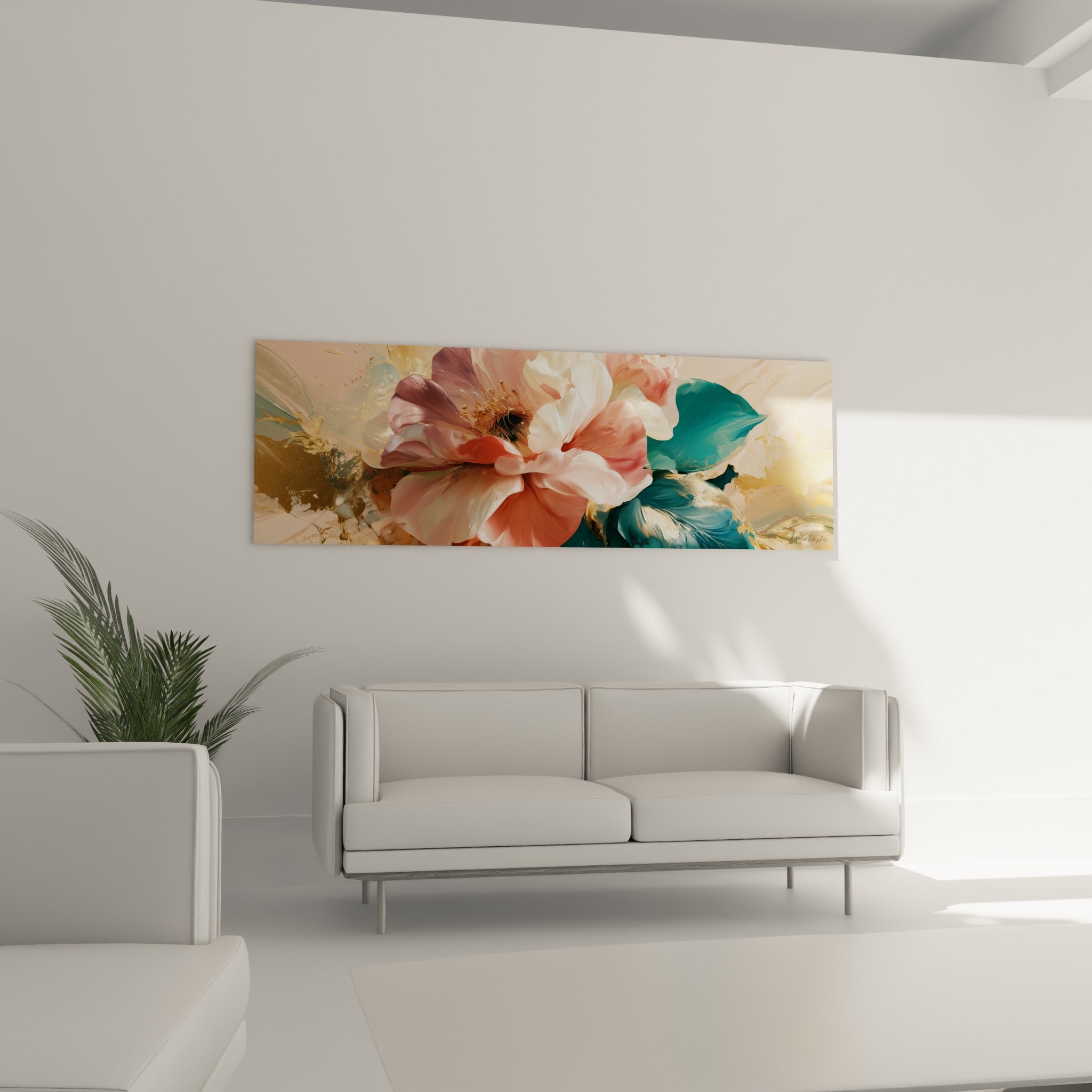 Pétales roses et blancs du Camélia, feuilles sarcelle profondes, accroché au-dessus d'un canapé dans un salon lumineux