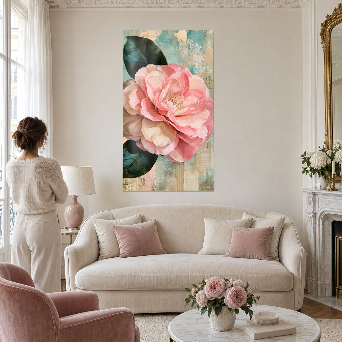Tableau camélia rose aux pétales ivoire et feuilles vert sombre, femme de dos, au-dessus d'un canapé dans un salon lumineux