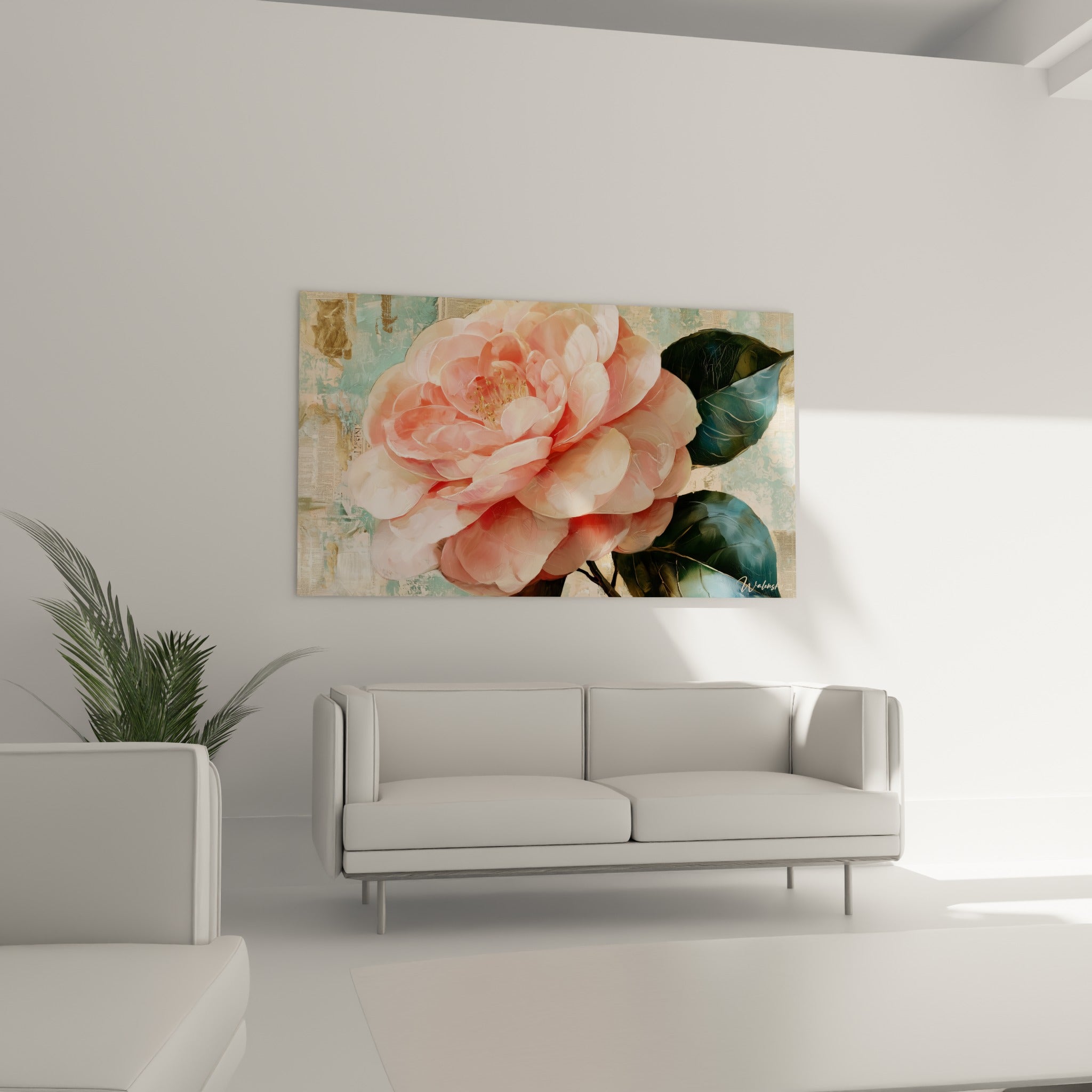 Pétales roses et feuilles vert émeraude d'un camélia peint, au-dessus d'un canapé dans un salon lumineux