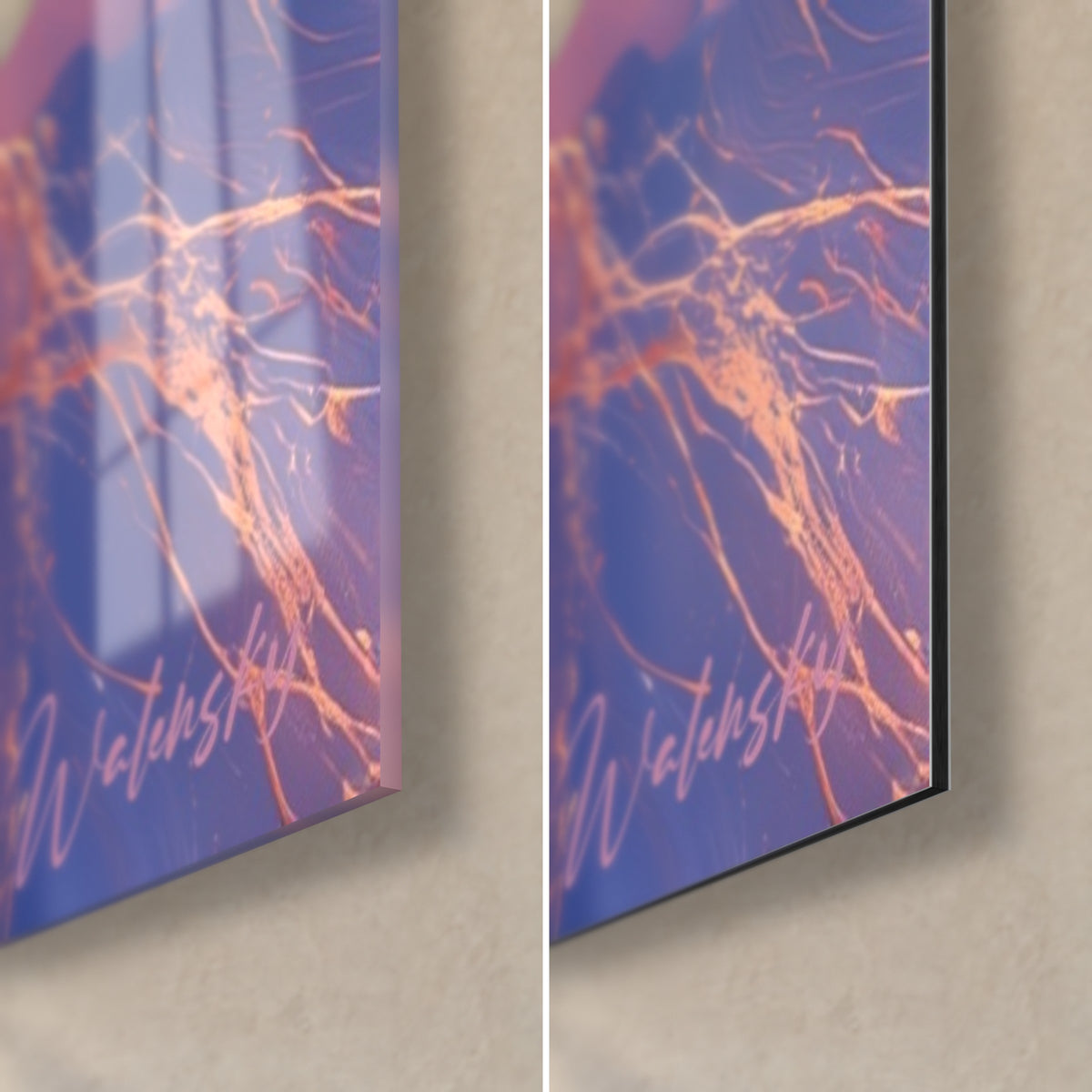 Wall art camellia in coral with gold filigree, bottom right detail: glossy acrylic glass on the left, matte Dibond aluminium on the right, 3 mm edge