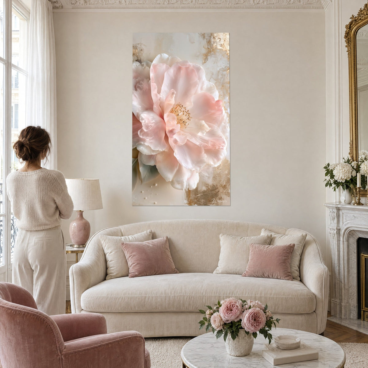 Quadro camelia rosa cipria con petali madreperlati, cuore di stami dorati su fondo avorio, sopra un divano in un soggiorno luminoso