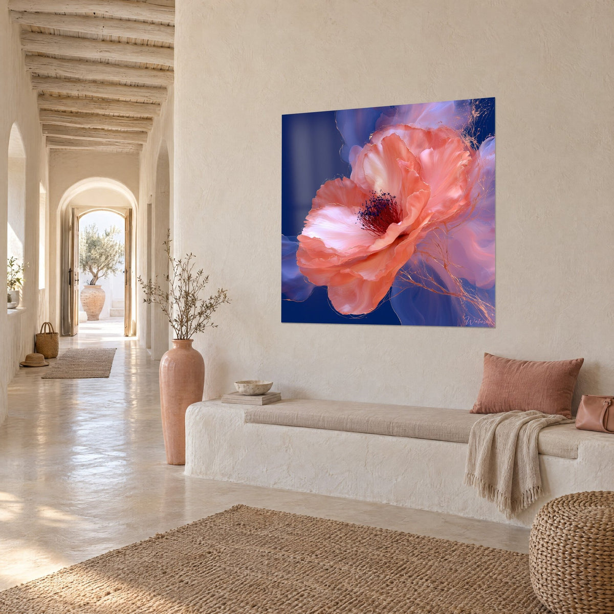 Wall art peony in coral with satin petals and gold filigree, midnight blue background, on the cream wall of a vaulted corridor in pale stone