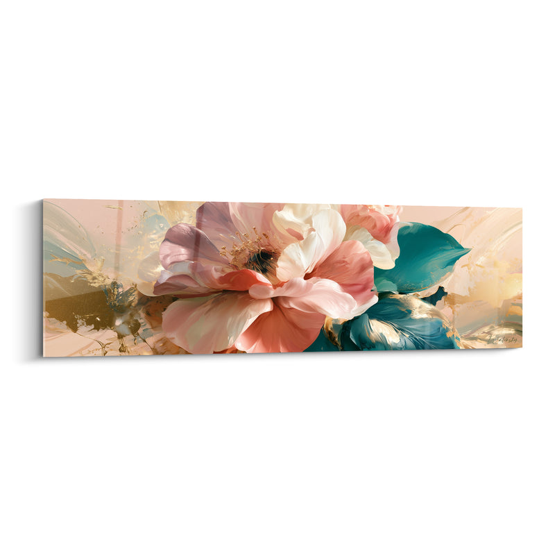 Tableau Camélia rose et blanc aux feuilles turquoise - Coulées dorées lumineuses - Edition Camélia