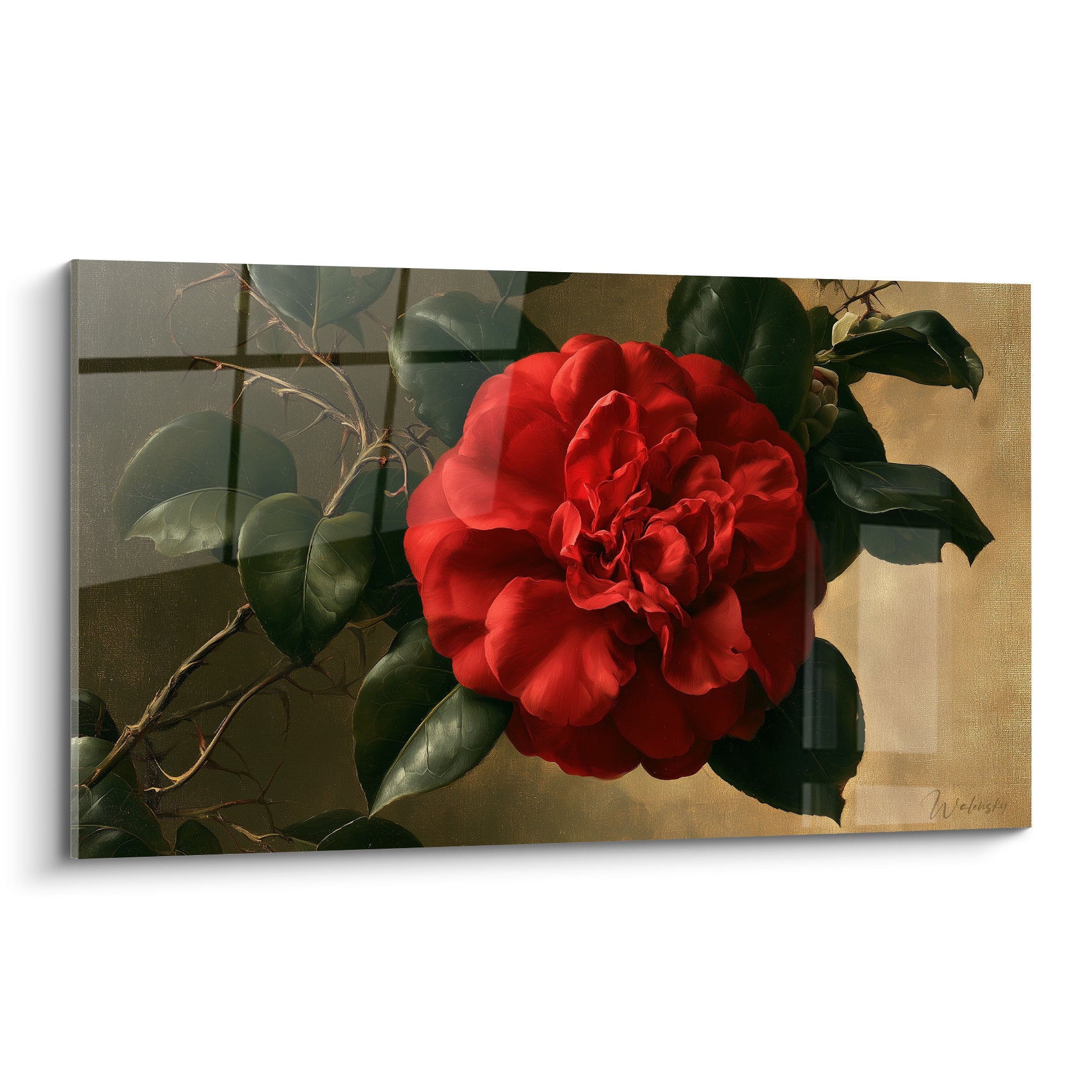 Camélia rouge intense aux feuilles vert sombre peint sur fond ocre doré patiné