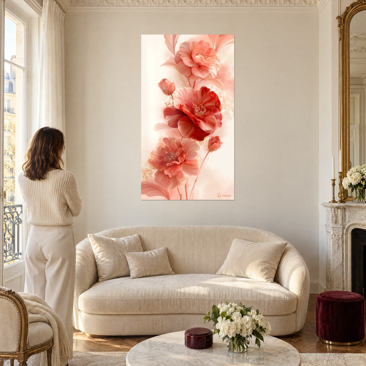 Tableau camélias rouges et roses aux pétales soyeux, étamines dorées, vu par une femme de dos au-dessus d'un canapé dans un salon lumineux