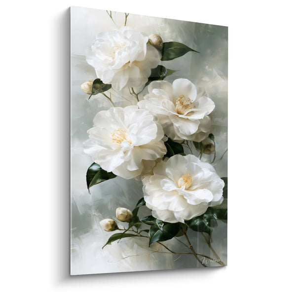Cuadro Camélias blancos y grises con botones de marfil - Estamines doradas empolvadas - Edición Camelia