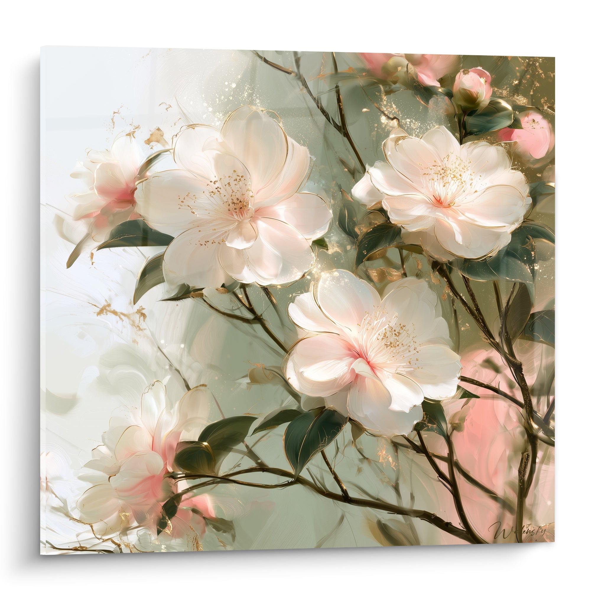 Camélias blancs aux cœurs roses et branches dorées sur fond vert sauge estompé