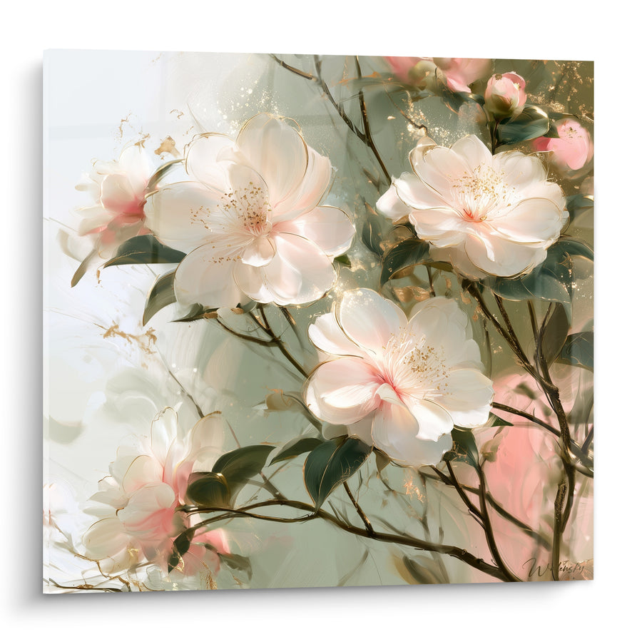 Tableau Camélias blancs et roses sur branches entrelacées - Éclats dorés poudrés - Edition Camélia