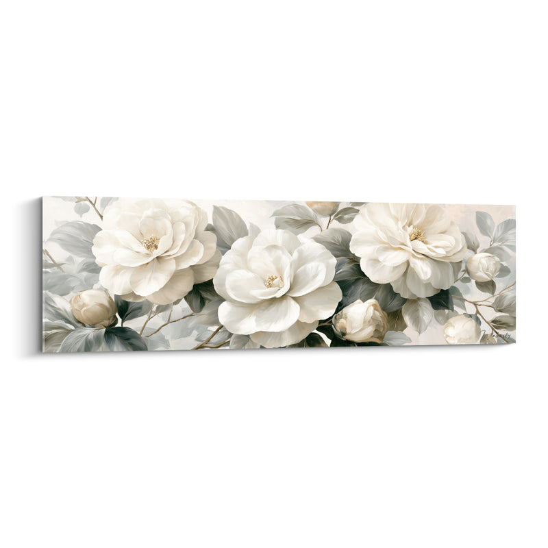 Tableau Camélias blancs et gris en frise horizontale - Trio floral panoramique - Edition Camélia