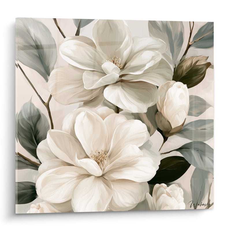 Tableau Camélia blanc et gris aux boutons fermés - Étamines jaune pâle - Edition Camélia