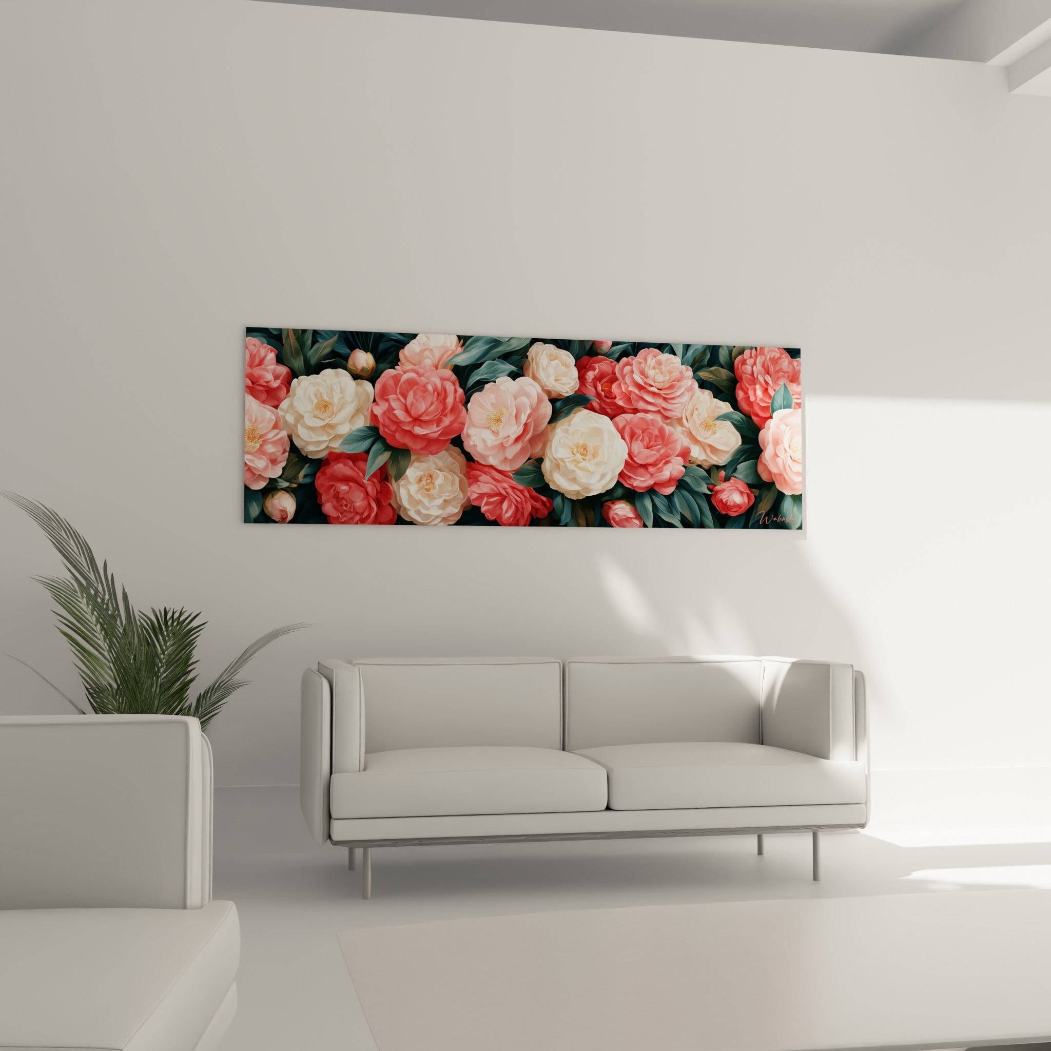 Fleurs de camélia rose et blanc crème serrées entre feuillages sombres, au-dessus d'un canapé dans un salon lumineux