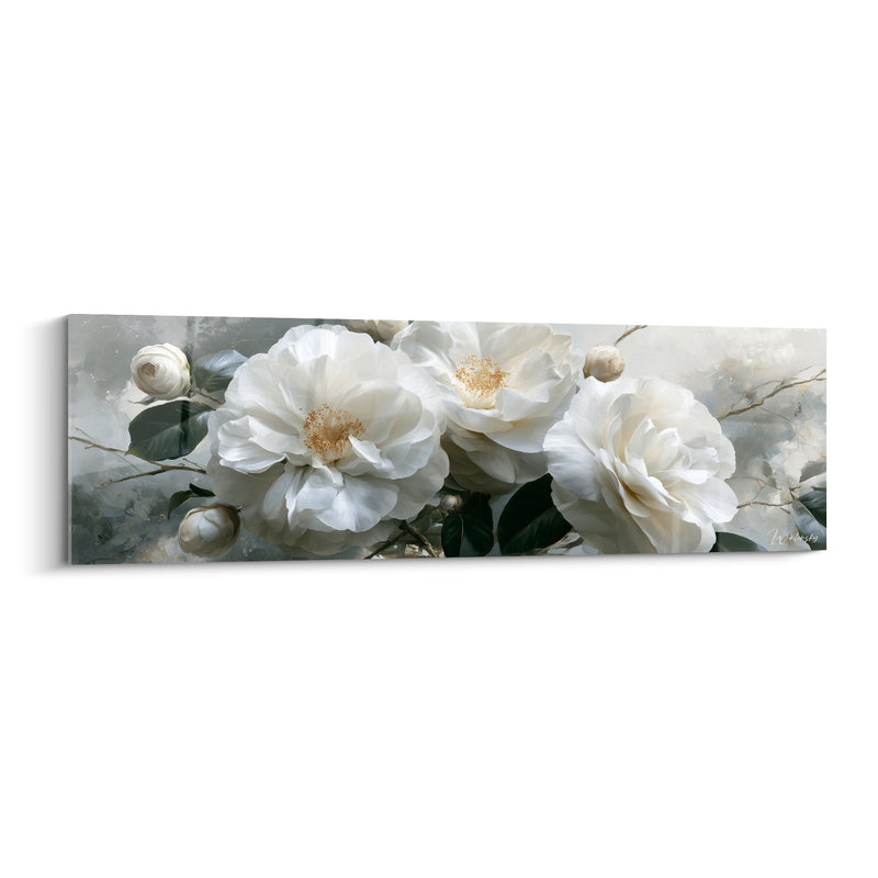 Tableau Camélias blancs et gris aux branches noueuses - Trio floral panoramique - Edition Camélia