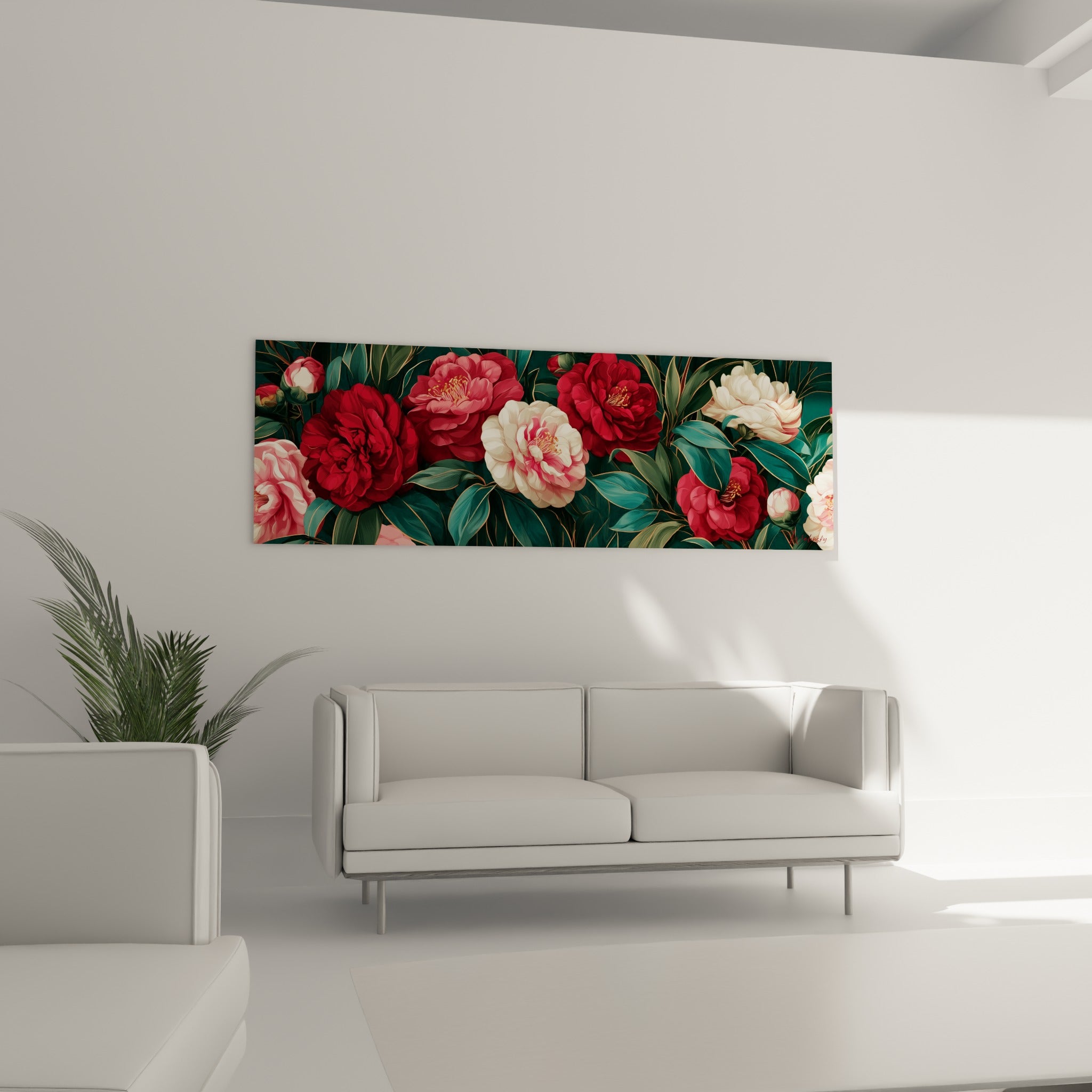 Fleurs de camélia blanches et rouge carmin au-dessus d'un canapé dans un salon lumineux