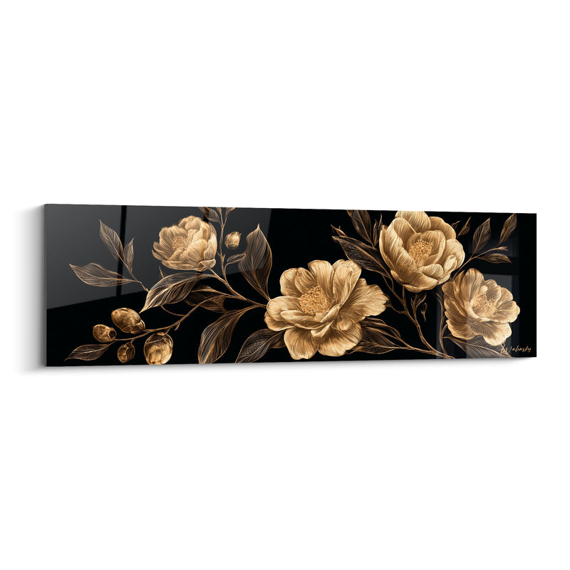 Tableau Camélias dorés et noirs en frise horizontale - Boutons ronds groupés - Edition Camélia