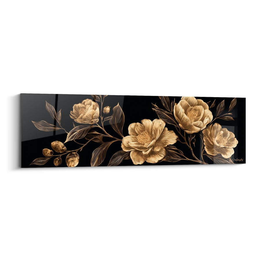 Tableau Camélias dorés et noirs en frise horizontale - Boutons ronds groupés - Edition Camélia