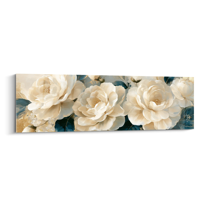 Tableau Camélias ivoire et bleu pétrole en rangée - Petites fleurs blanches éparses - Edition Camélia
