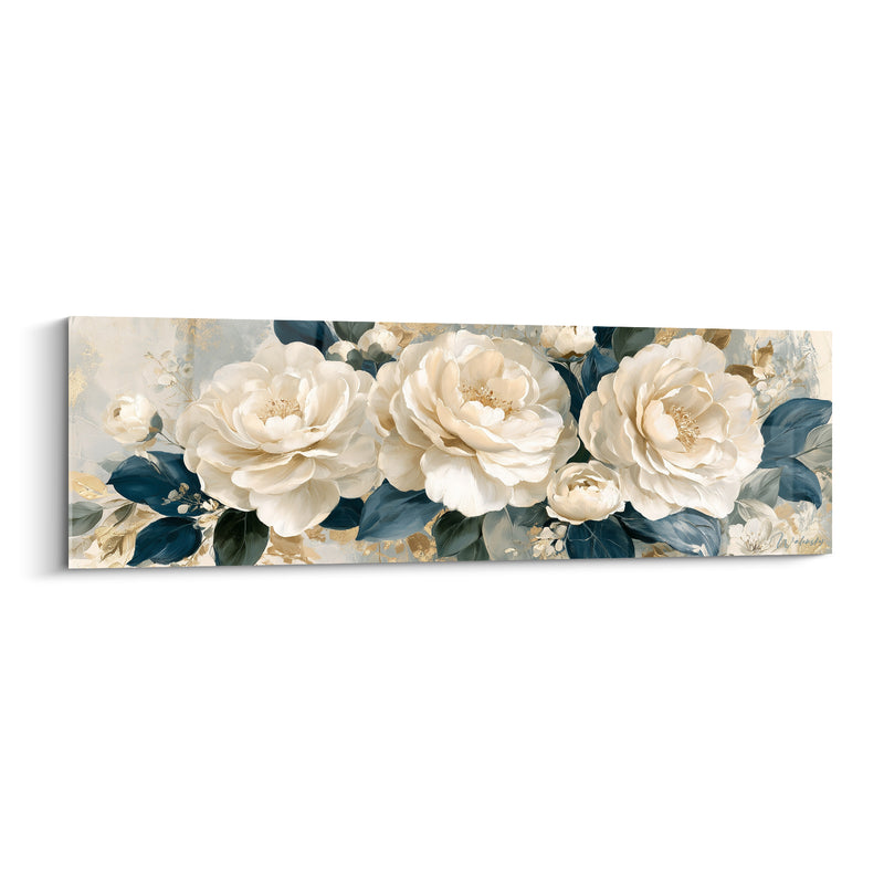 Tableau Camélias ivoire et feuillage bleu marine - Douceur florale - Edition Camélia