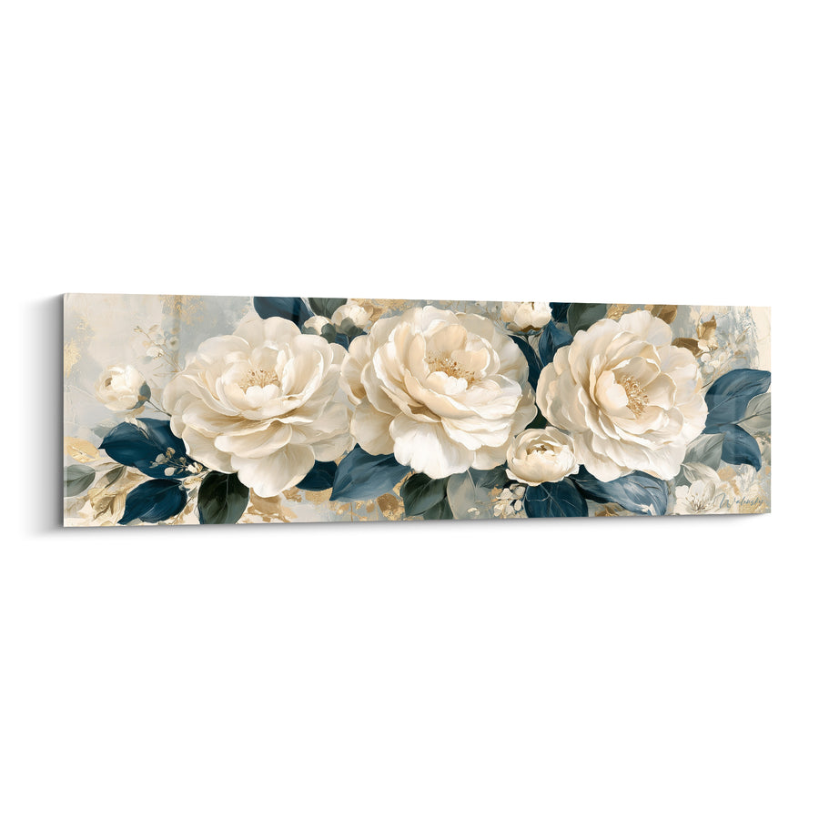 Tableau Camélias ivoire et feuillage bleu marine - Douceur florale - Edition Camélia