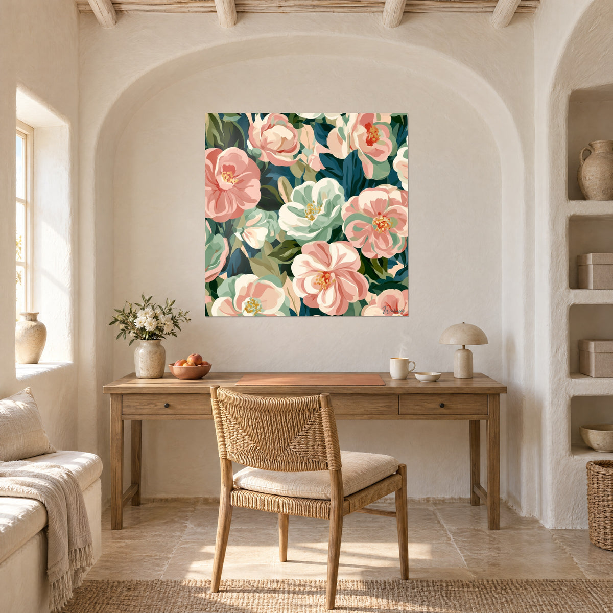 Πίνακας floral μοτίβο ροδάκινου, κρέμ και ελαιώδους πράσινου, κρεμασμένος σε θολωτή κόγχη πάνω από γραφείο από ανοιχτόχρωμο ξύλο