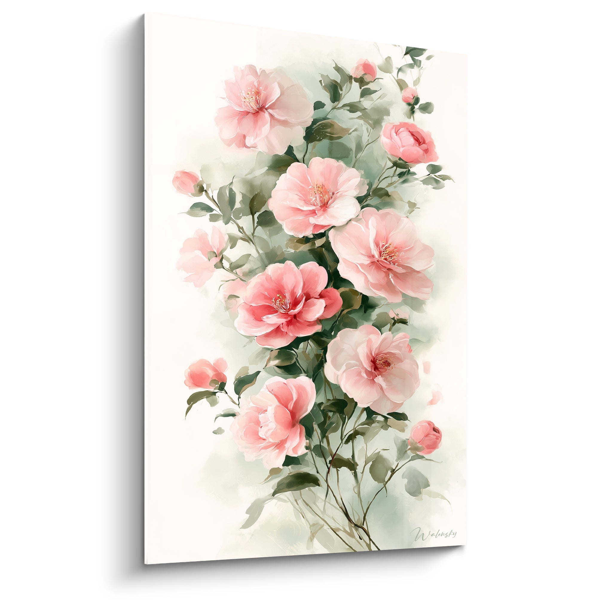 Camélias roses en grappe verticale, pétales blush et corail sur fond ivoire en aquarelle